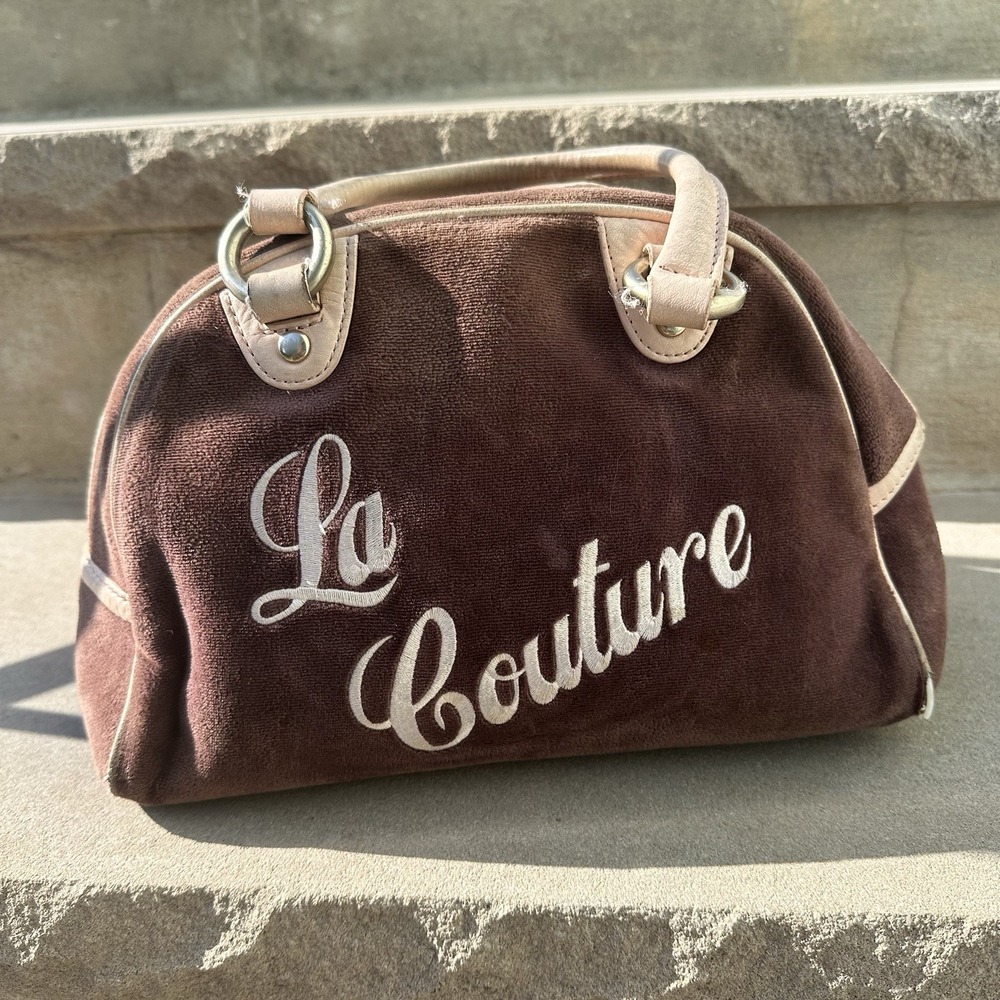 JUICY COUTURE Brown‎ Brown Pink Velvet  Bowling Bag La Couture Y2K Vintage Queen - Picture 3 of 16